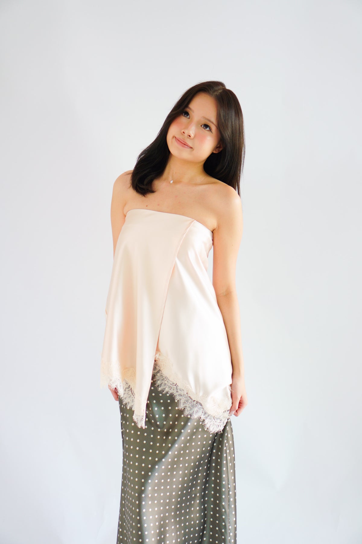 Arletta Lace Satin Asymmetrical Overlap Skirt in Cream