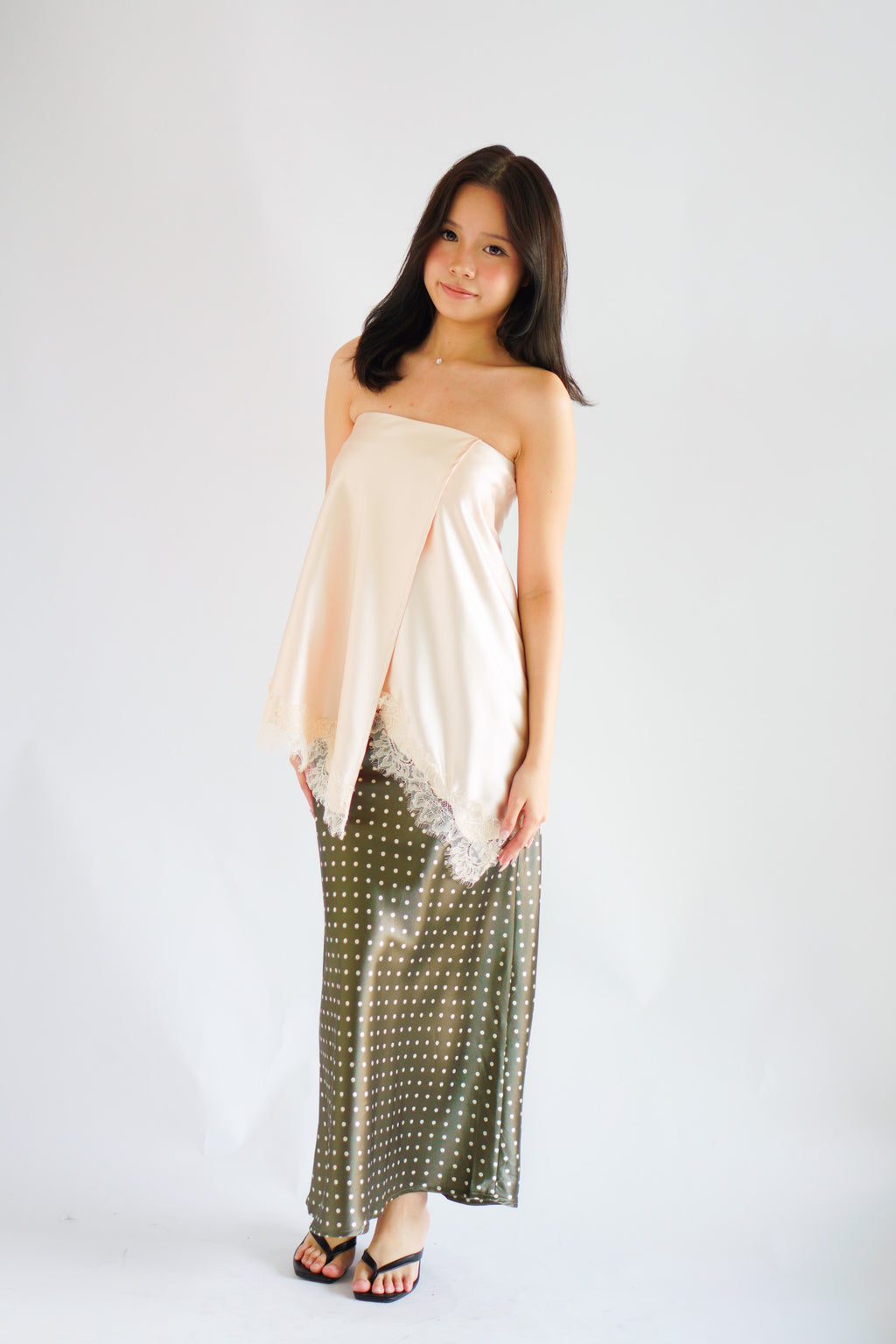 Arletta Lace Satin Asymmetrical Overlap Skirt in Cream