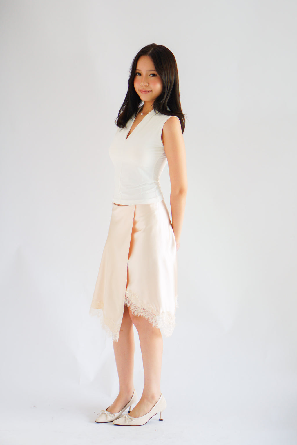 Arletta Lace Satin Asymmetrical Overlap Skirt in Cream