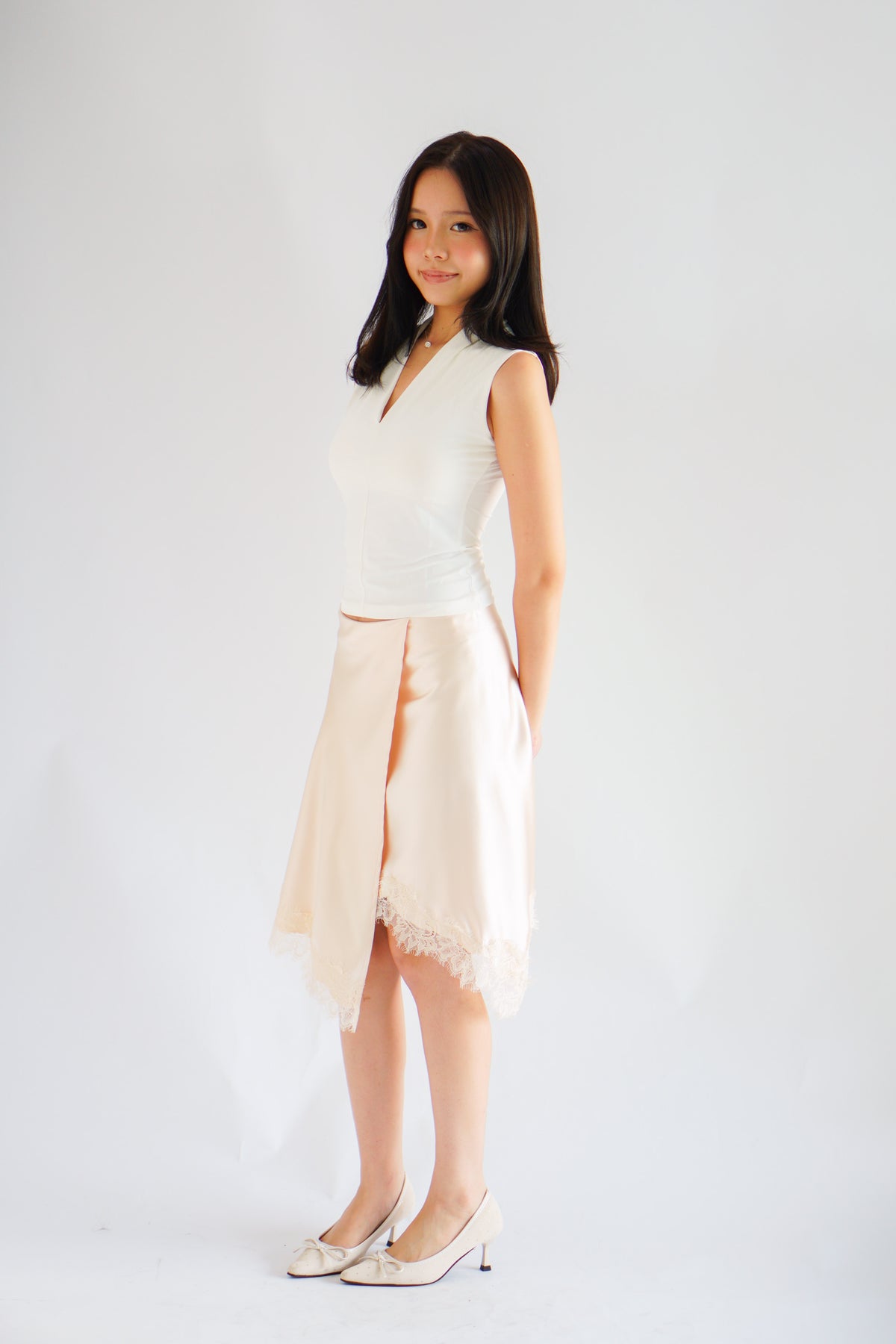 Arletta Lace Satin Asymmetrical Overlap Skirt in Cream