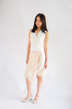 Arletta Lace Satin Asymmetrical Overlap Skirt in Cream