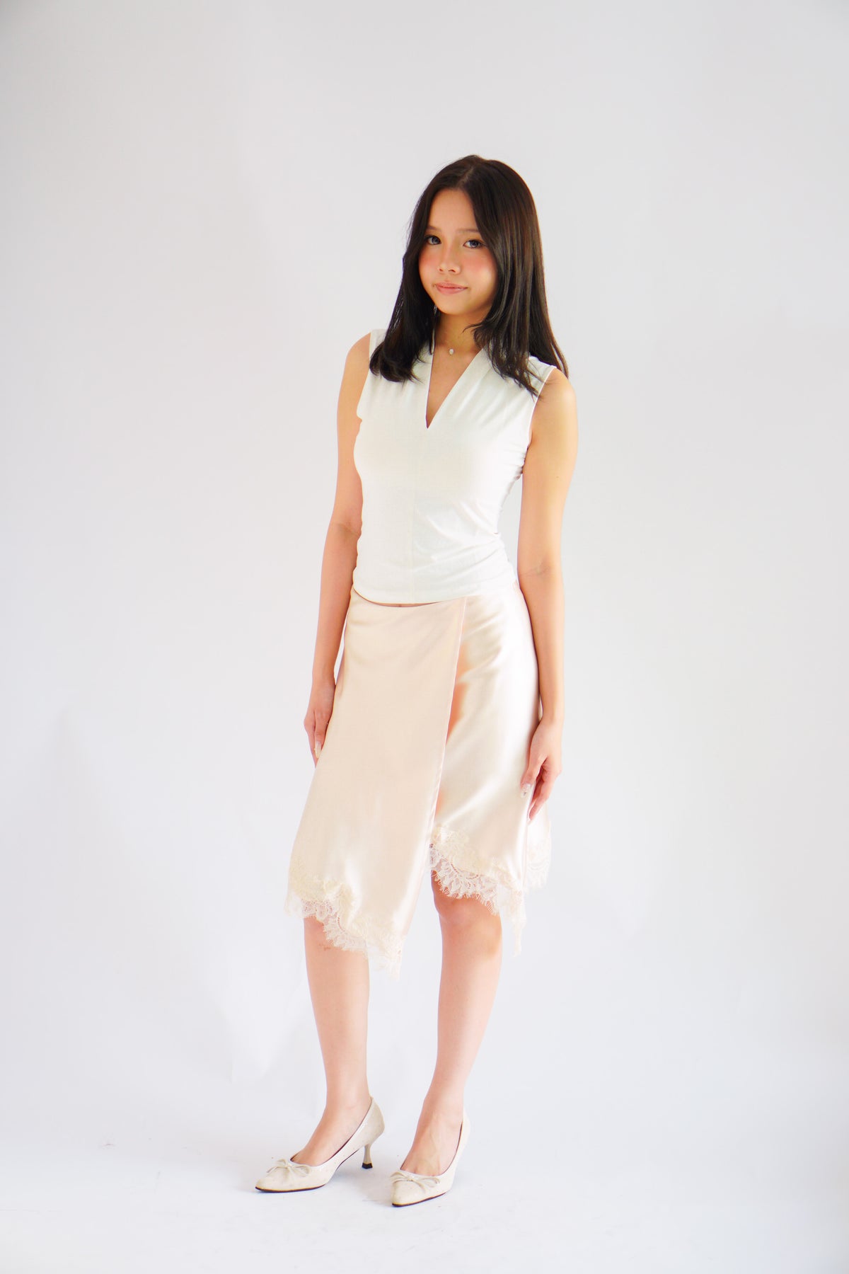 Arletta Lace Satin Asymmetrical Overlap Skirt in Cream