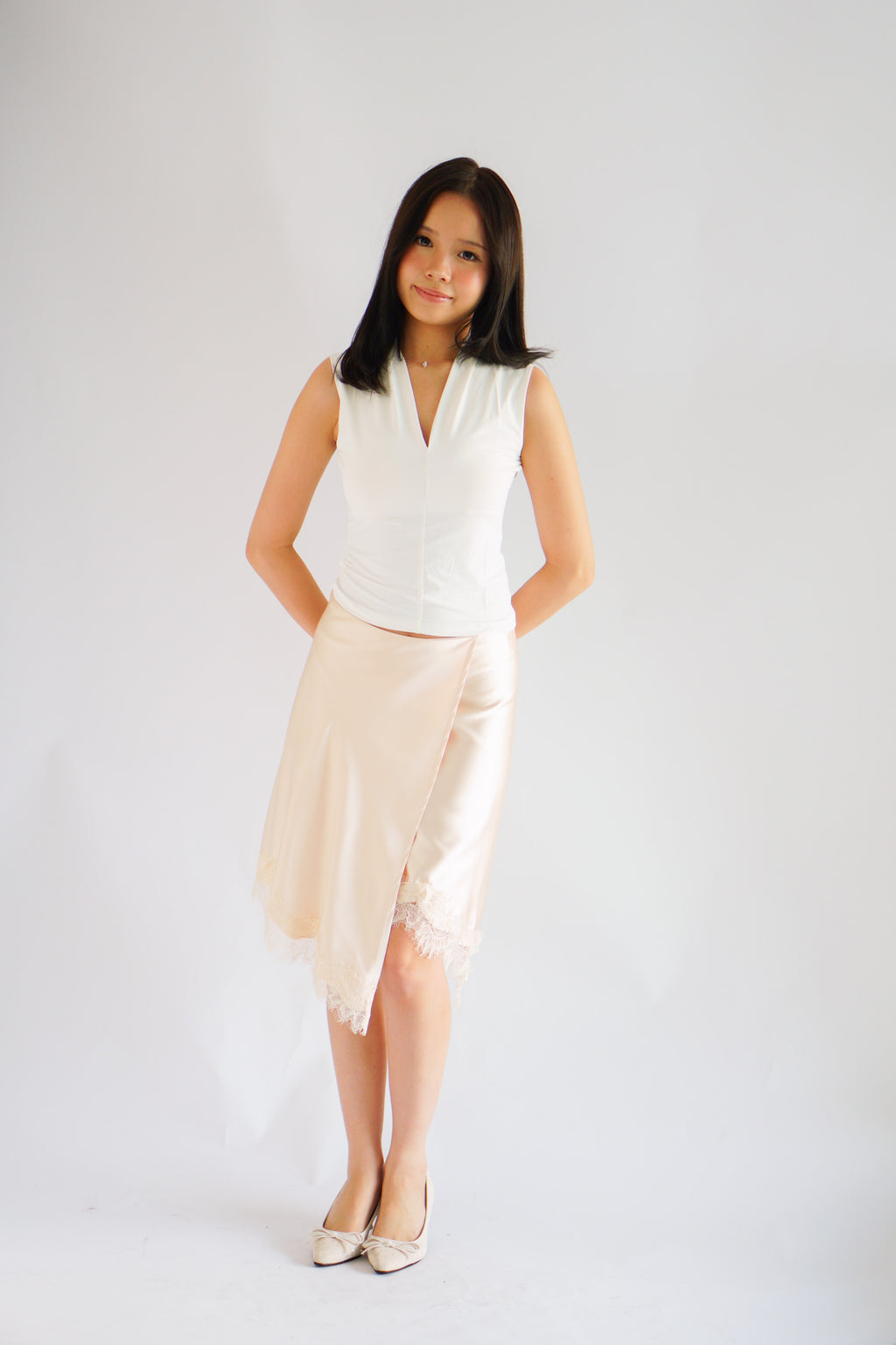 Arletta Lace Satin Asymmetrical Overlap Skirt in Cream