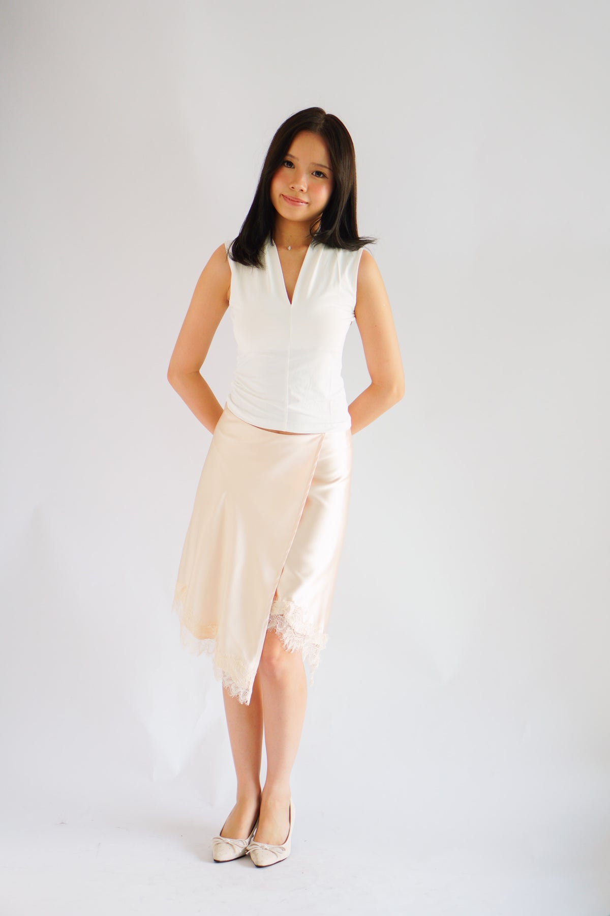 Arletta Lace Satin Asymmetrical Overlap Skirt in Cream