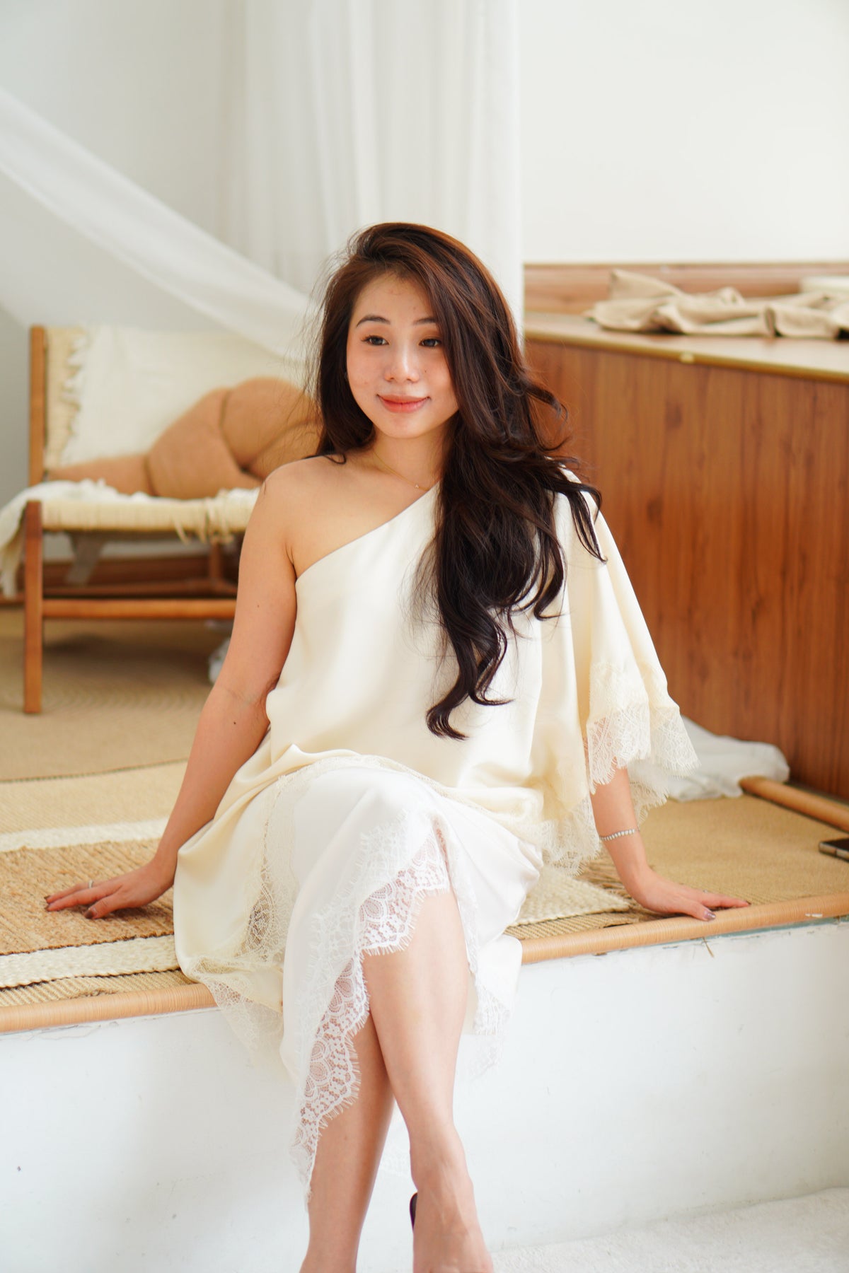 Marceline Lace Satin Toga Top in Cream