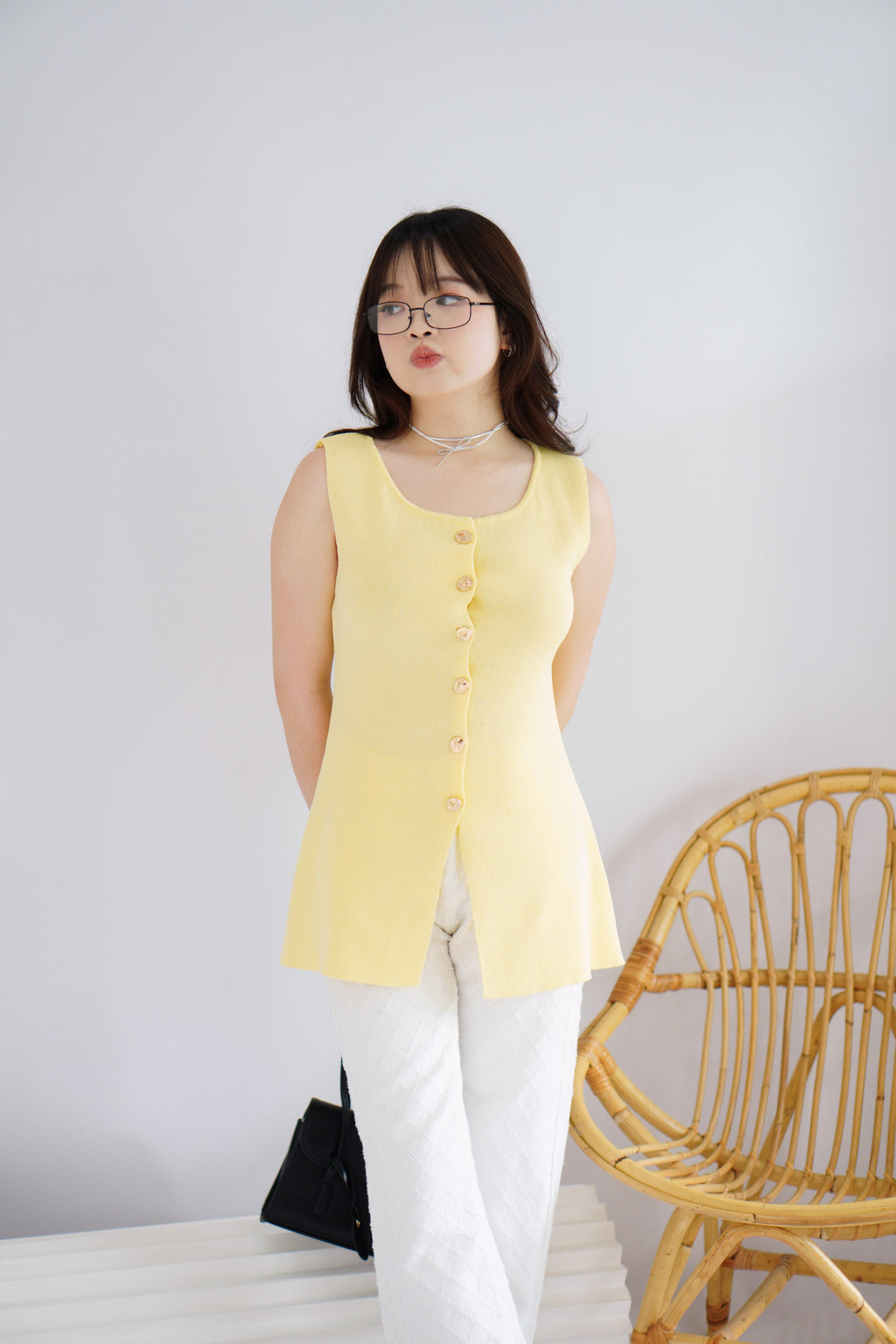 Nillie Button Down Knit Vest Top in Yellow