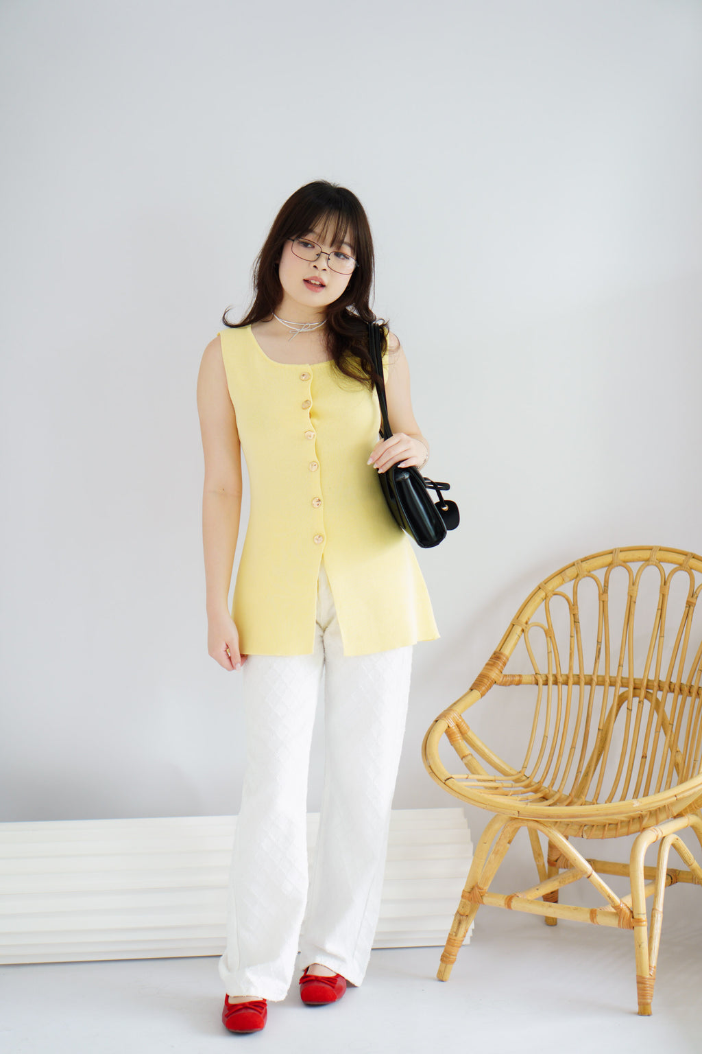 Nillie Button Down Knit Vest Top in Yellow