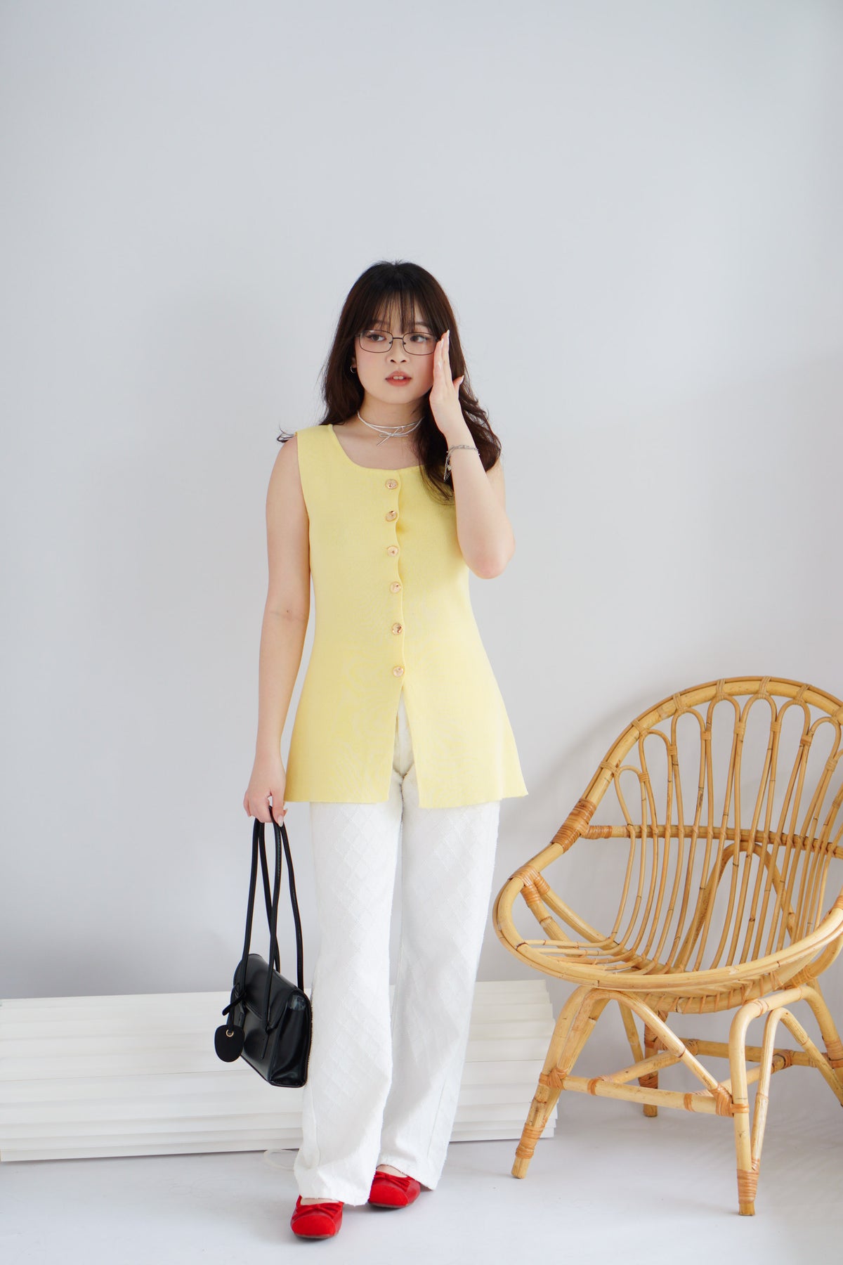 Nillie Button Down Knit Vest Top in Yellow