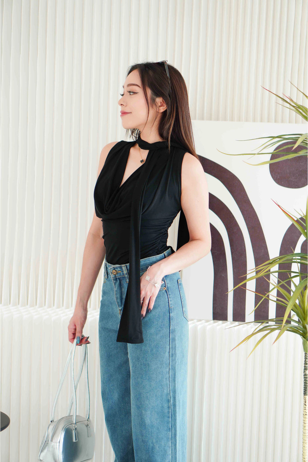 BASH x NELOIRE - Candace Ruched Cowl Neck Top in Black + With Faith Satin Skirt in Black