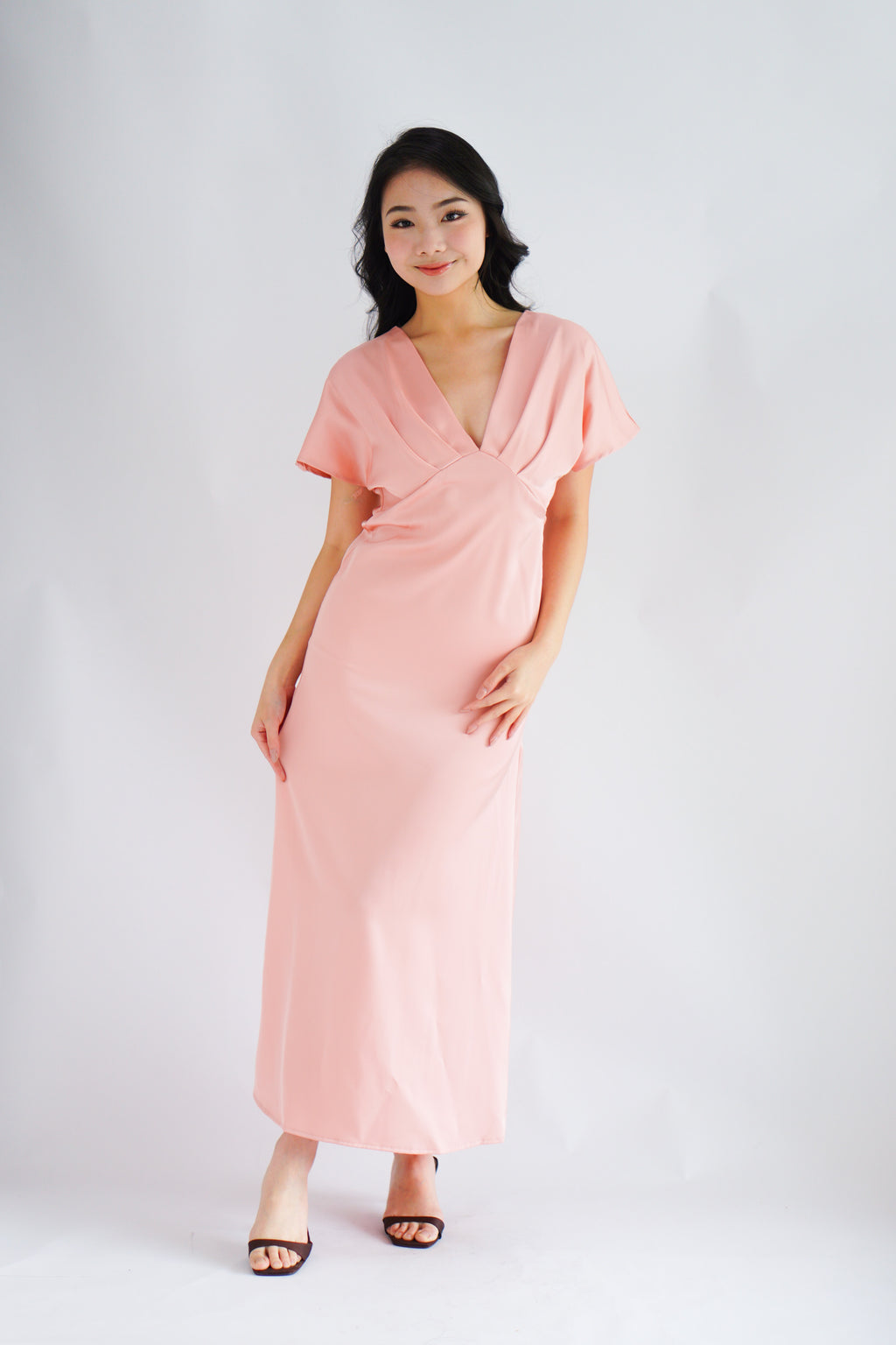 Ophie Deep V Satin Maxi Dress in Pink