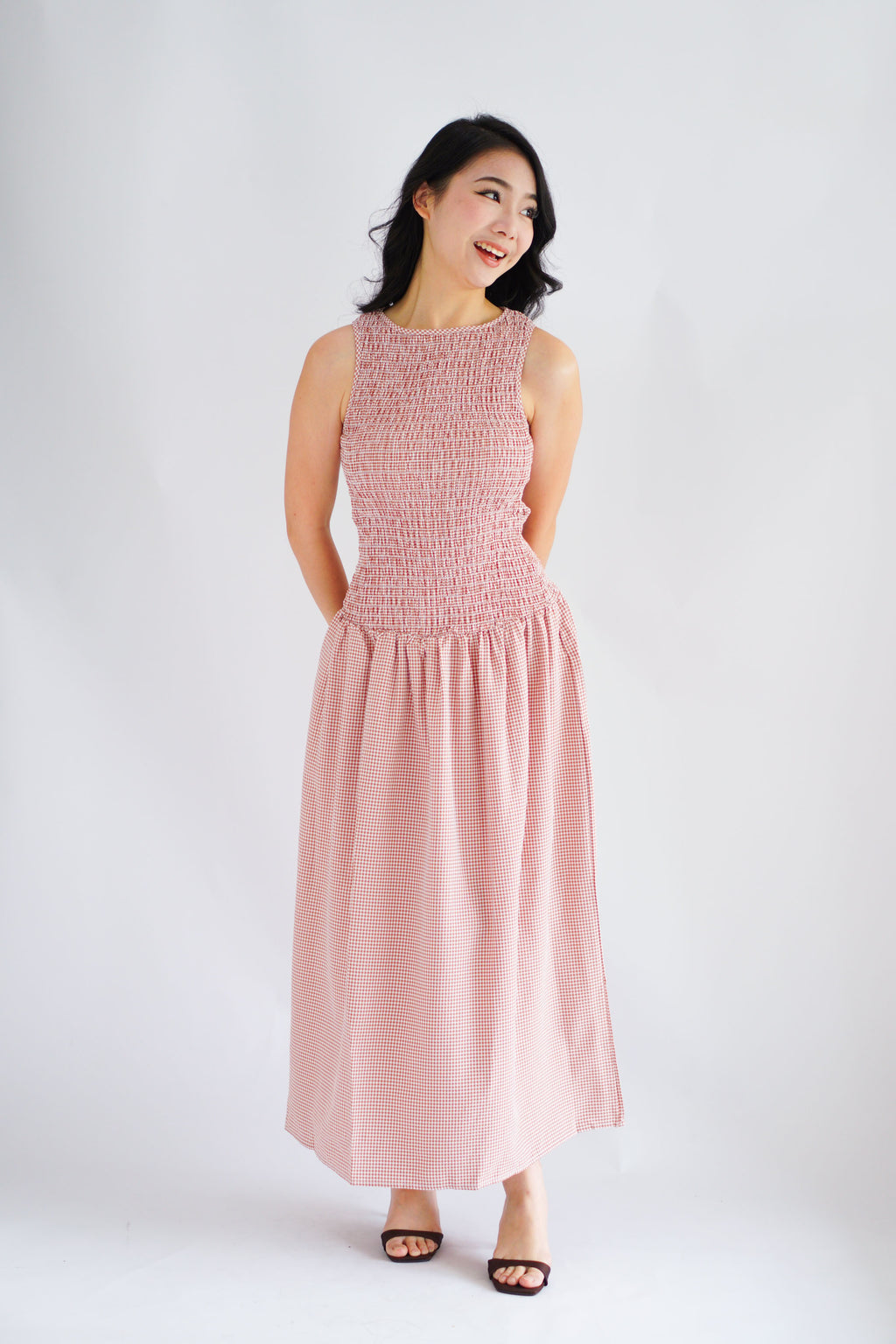 Seaki Gingham High Neck Smocked Maxi Dress in Red