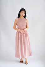 Seaki Gingham High Neck Smocked Maxi Dress in Red