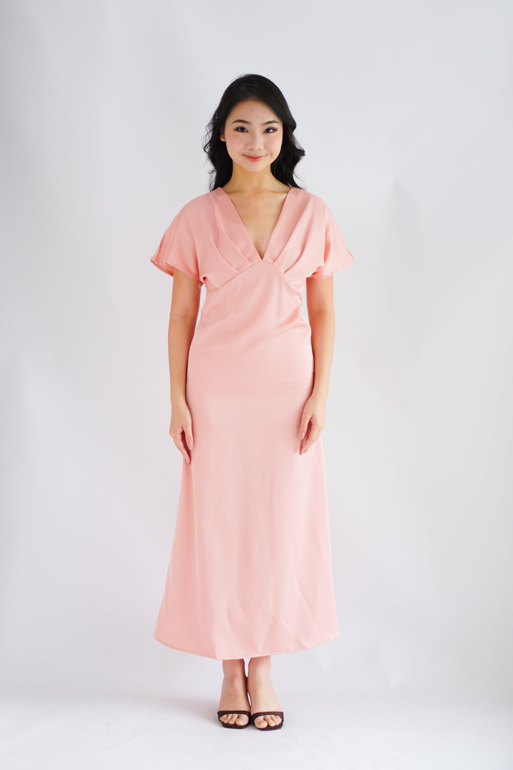 Ophie Deep V Satin Maxi Dress in Pink