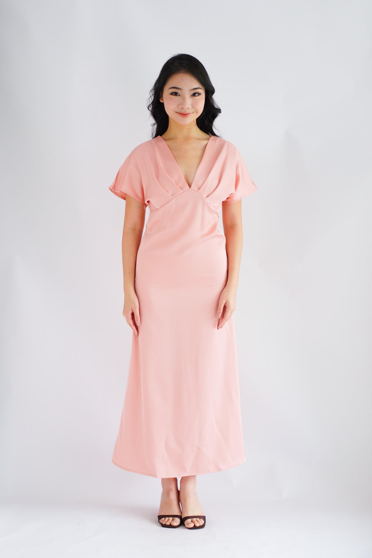 Ophie Deep V Satin Maxi Dress in Pink