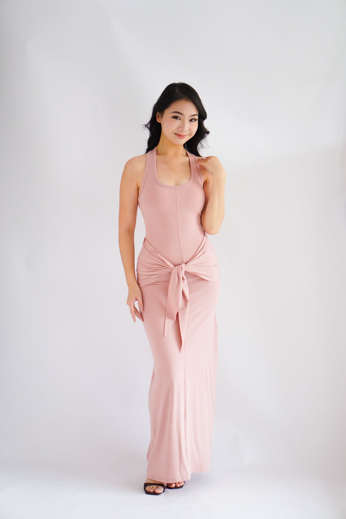 Astrid Halter Neck Bodycon Maxi Dress with Self Tied Scarf in Pink