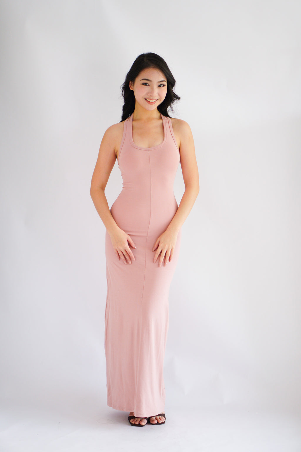 Astrid Halter Neck Bodycon Maxi Dress with Self Tied Scarf in Pink