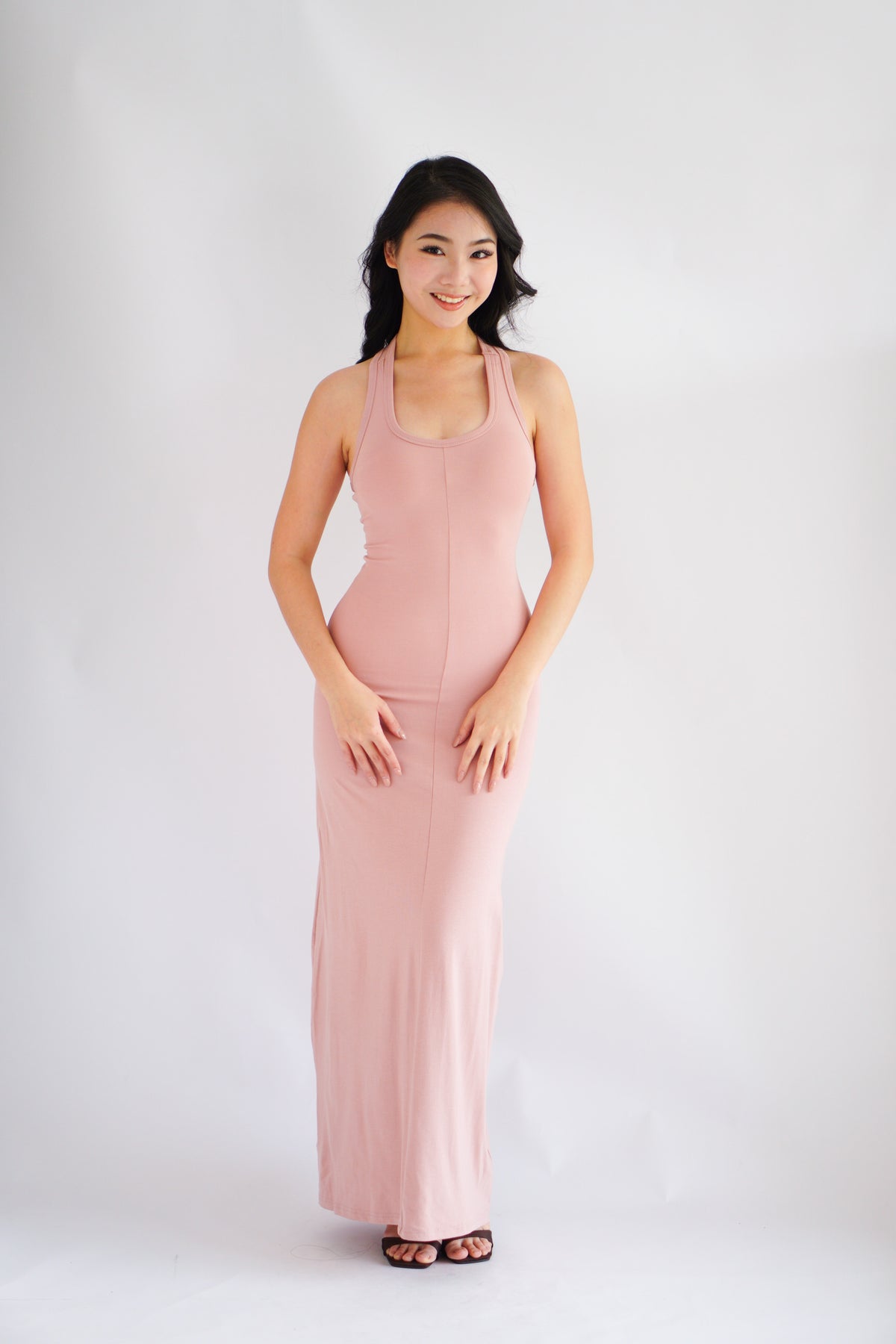 Astrid Halter Neck Bodycon Maxi Dress with Self Tied Scarf in Pink