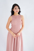 Seaki Gingham High Neck Smocked Maxi Dress in Red