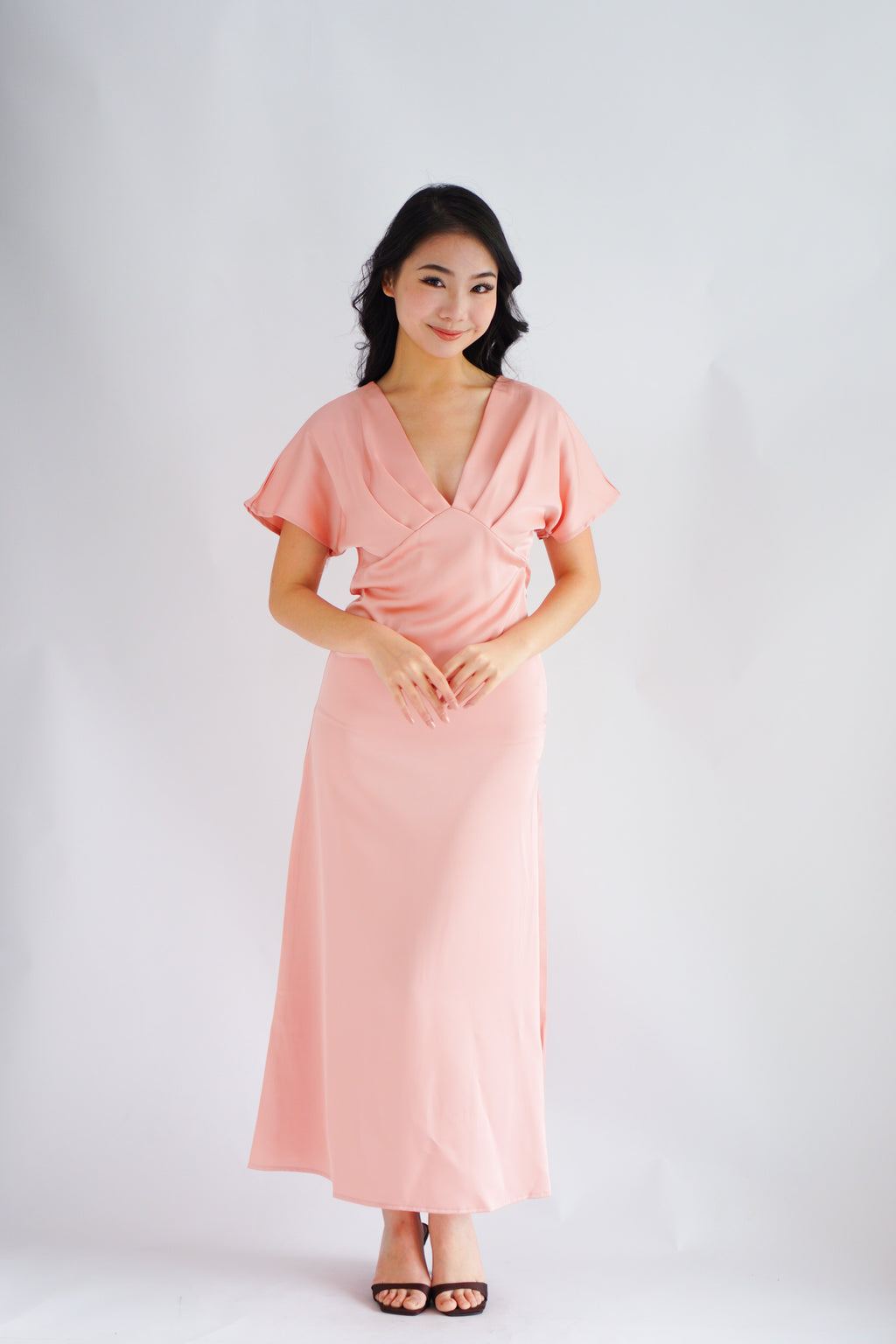 Ophie Deep V Satin Maxi Dress in Pink