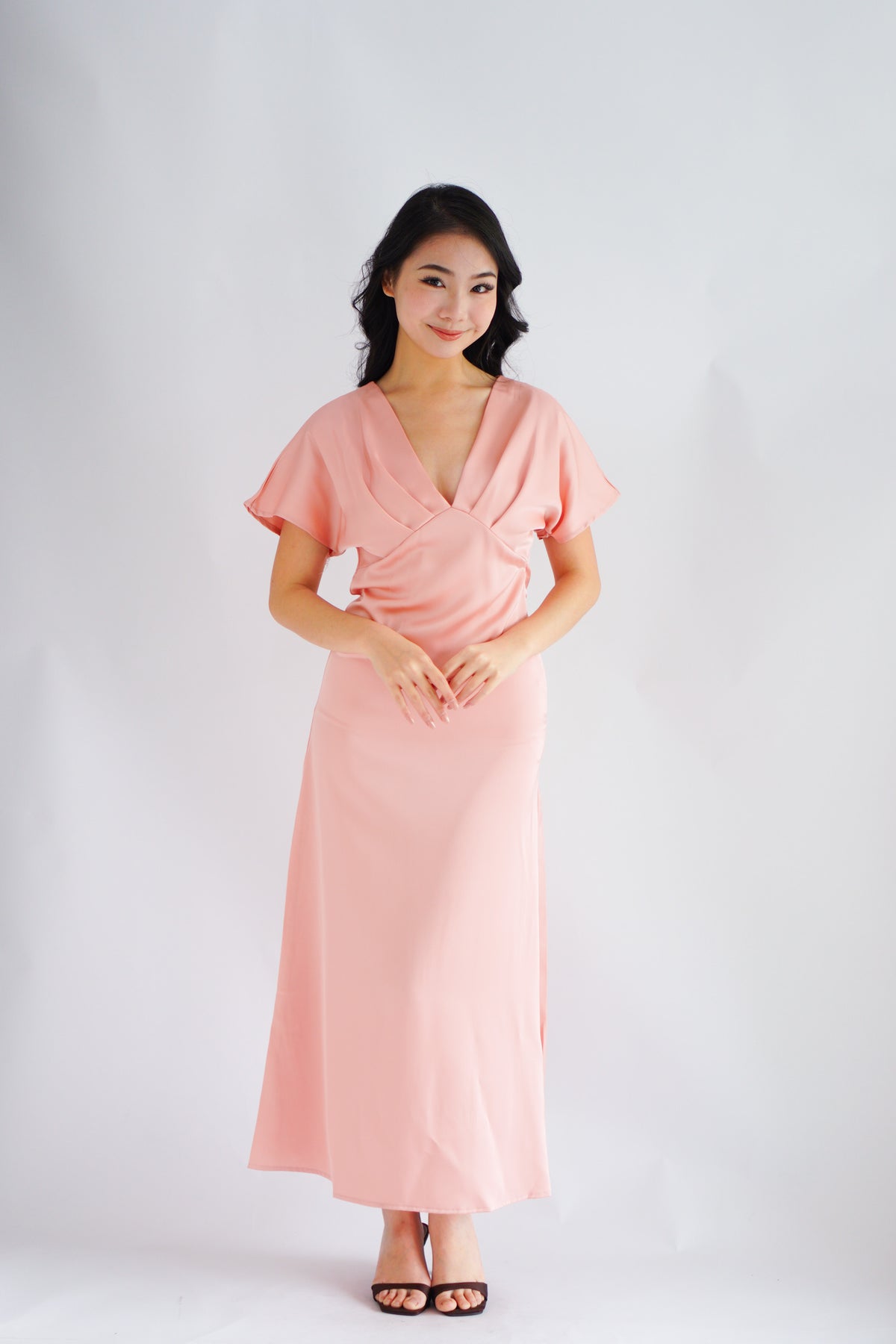 Ophie Deep V Satin Maxi Dress in Pink