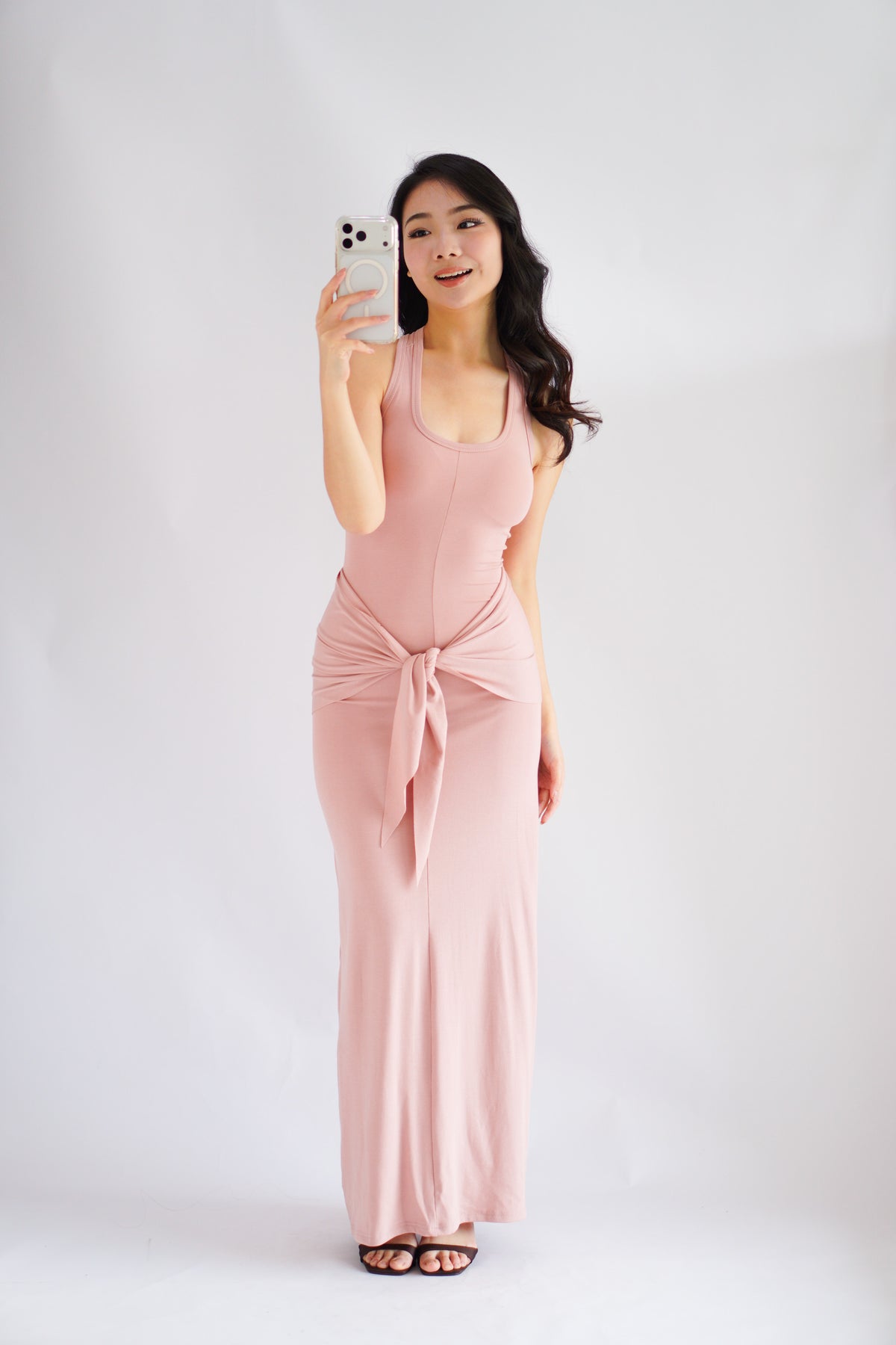 Astrid Halter Neck Bodycon Maxi Dress with Self Tied Scarf in Pink