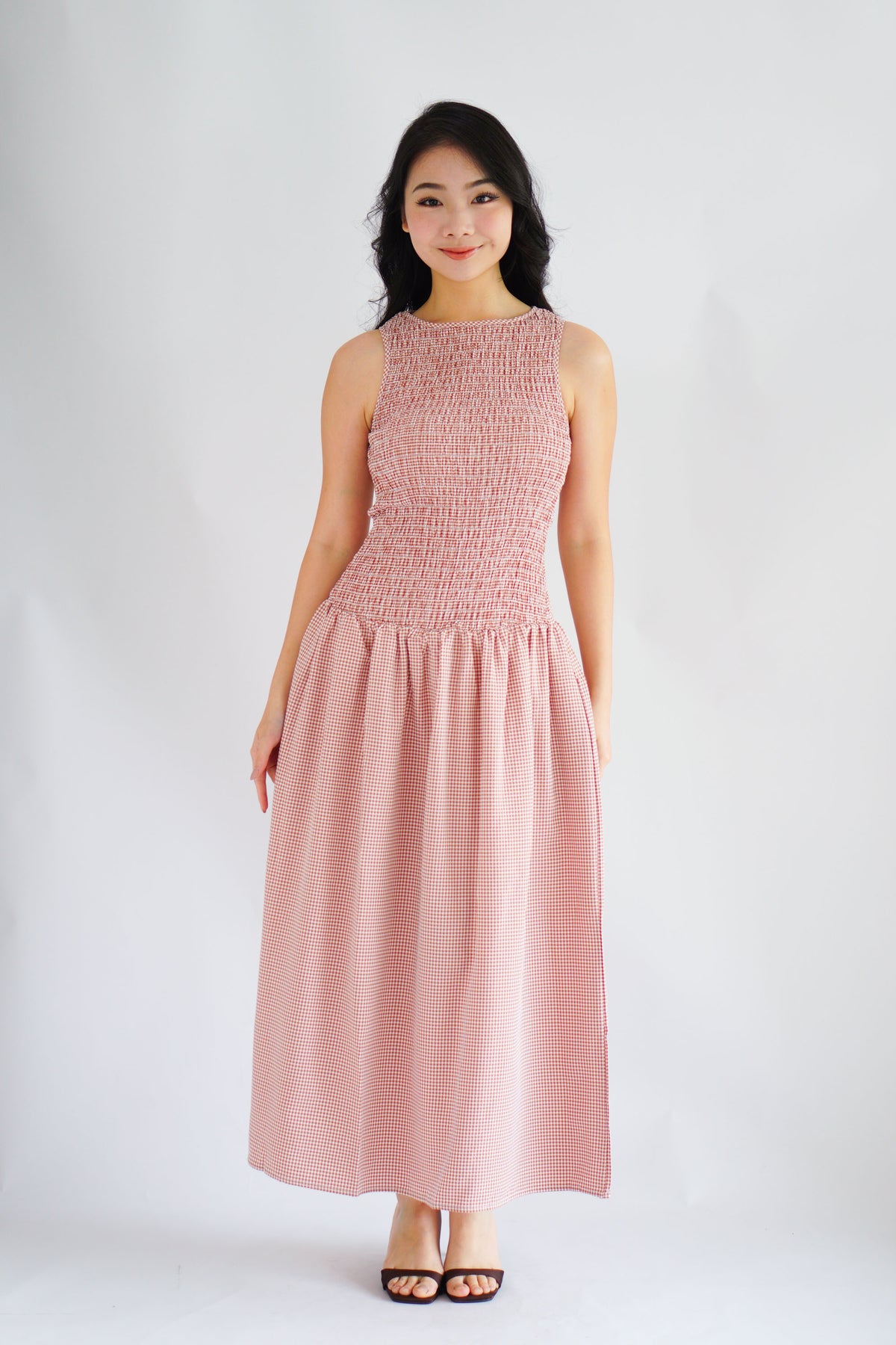 Seaki Gingham High Neck Smocked Maxi Dress in Red