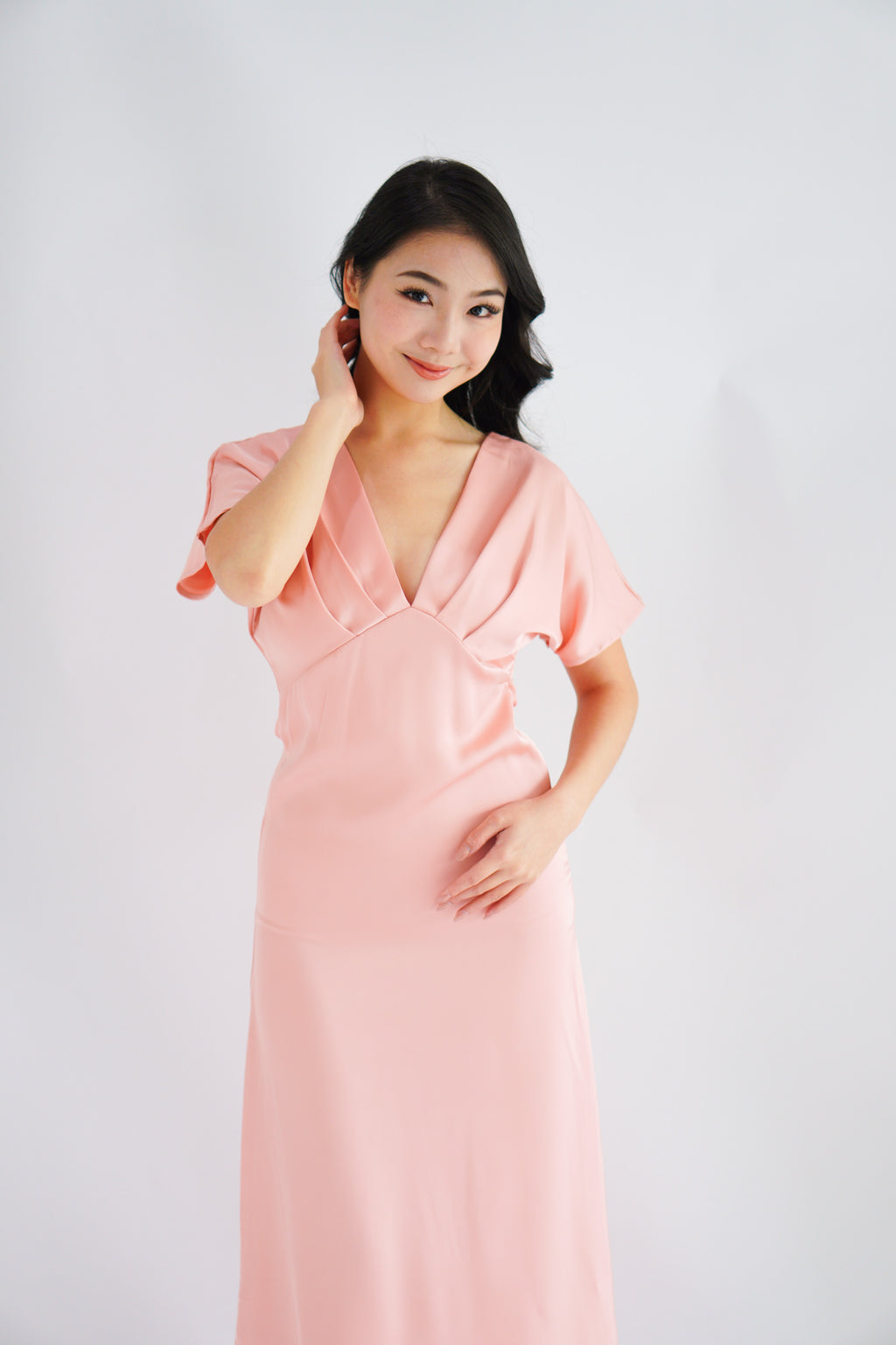 Ophie Deep V Satin Maxi Dress in Pink