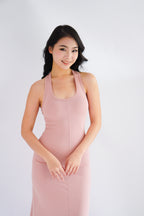 Astrid Halter Neck Bodycon Maxi Dress with Self Tied Scarf in Pink