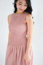 Seaki Gingham High Neck Smocked Maxi Dress in Red