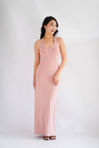 Astrid Halter Neck Bodycon Maxi Dress with Self Tied Scarf in Pink