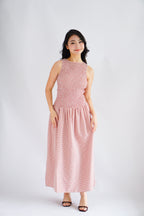 Seaki Gingham High Neck Smocked Maxi Dress in Red