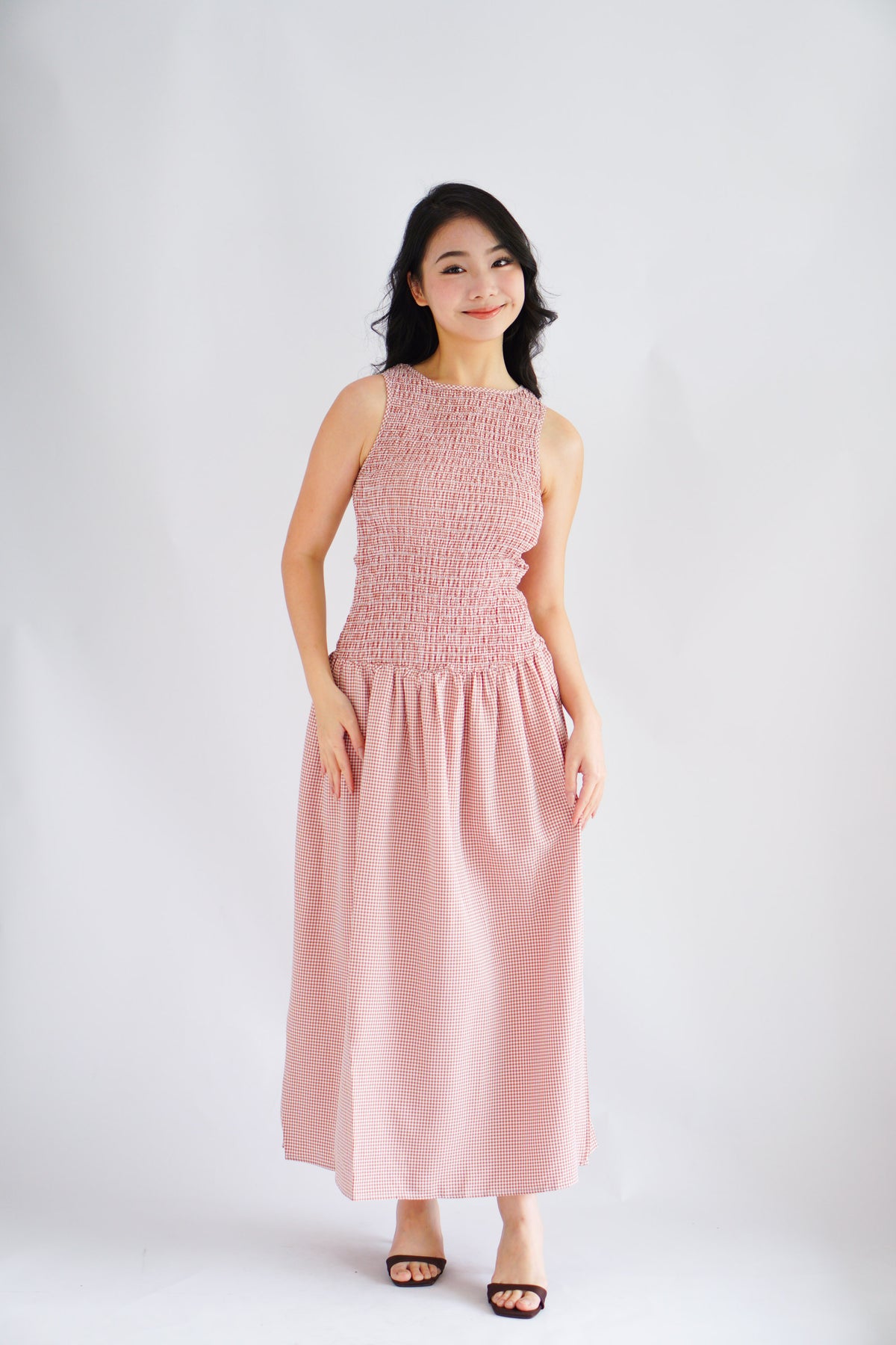 Seaki Gingham High Neck Smocked Maxi Dress in Red