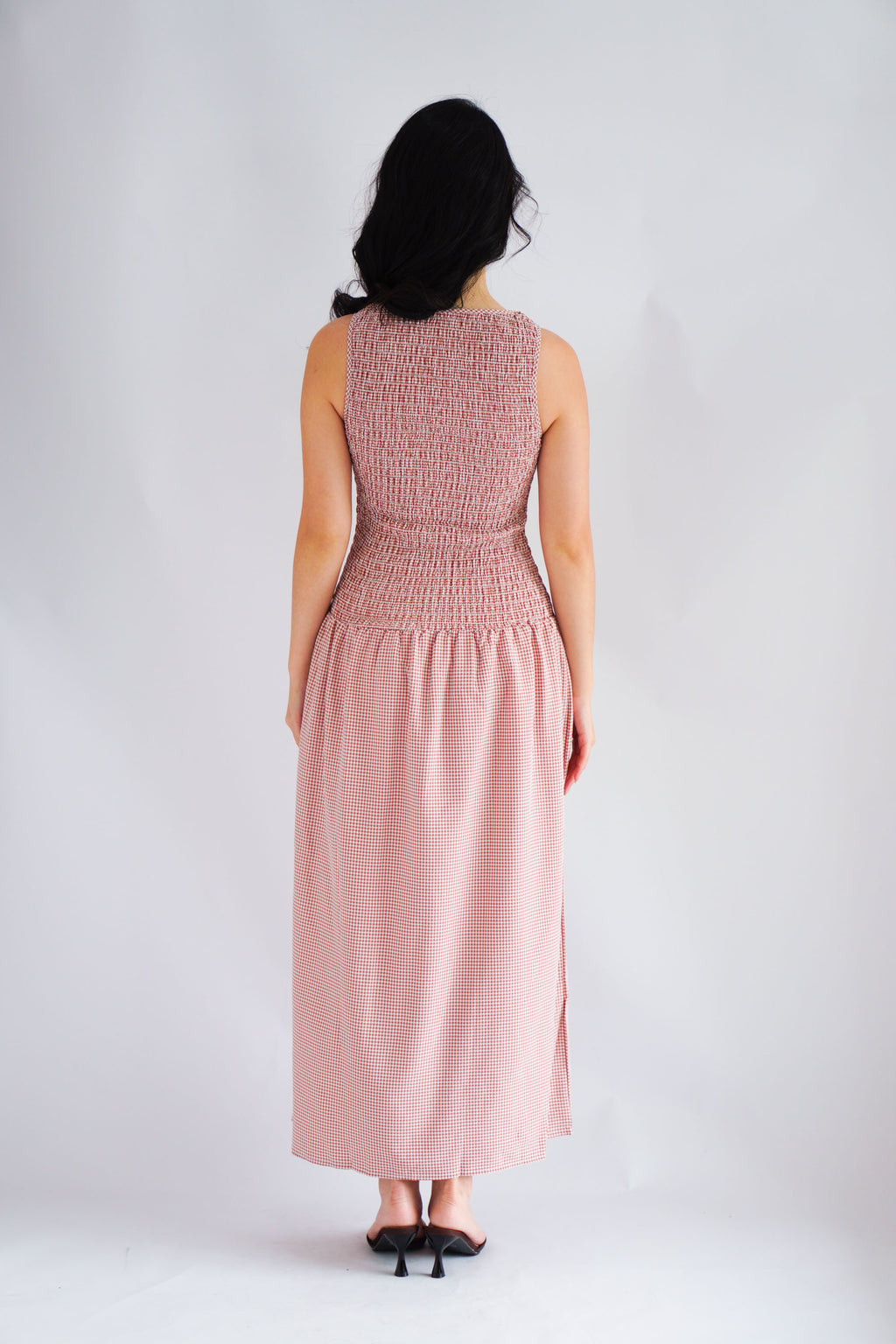 Seaki Gingham High Neck Smocked Maxi Dress in Red
