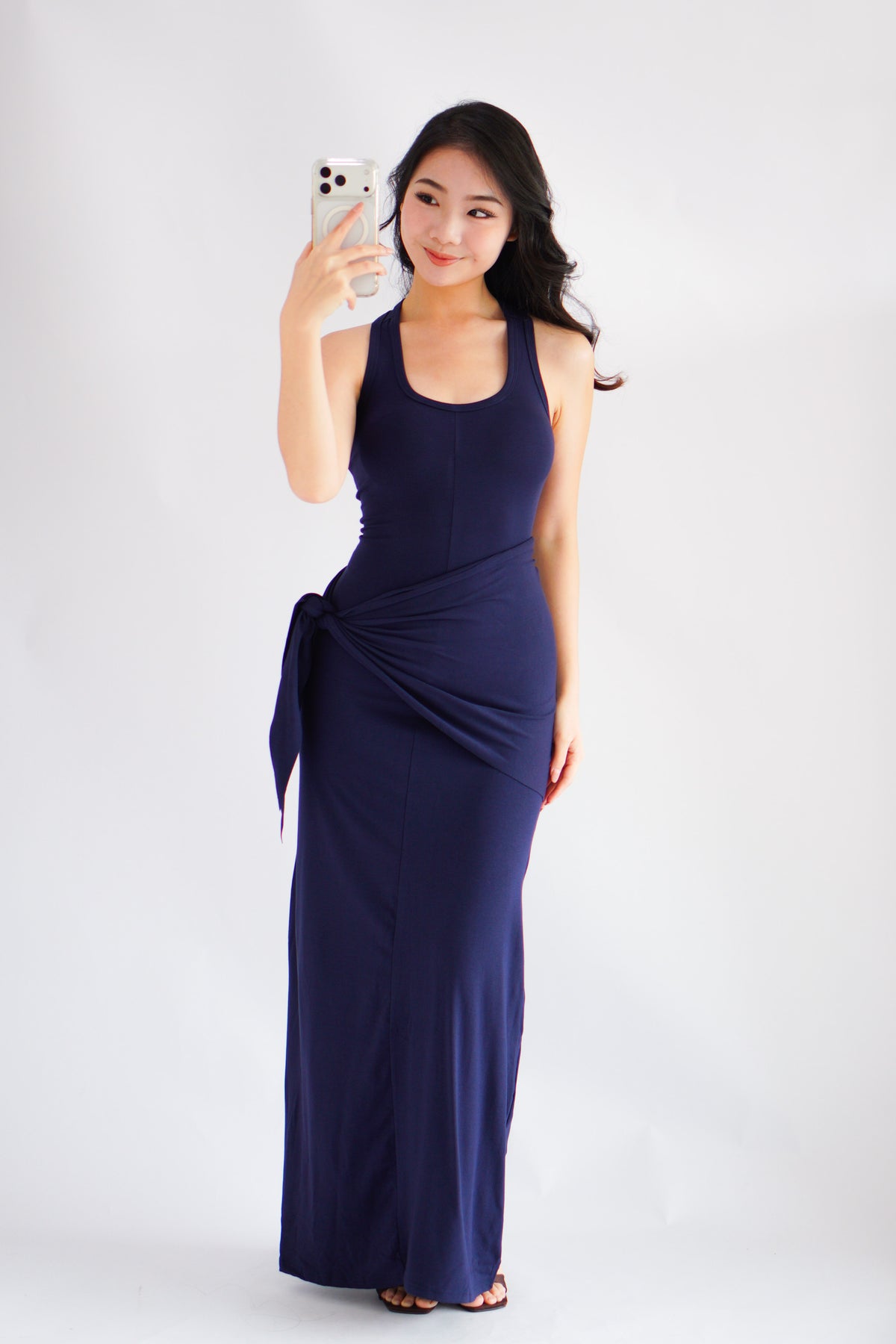 Astrid Halter Neck Bodycon Maxi Dress with Self Tied Scarf in Dark Blue