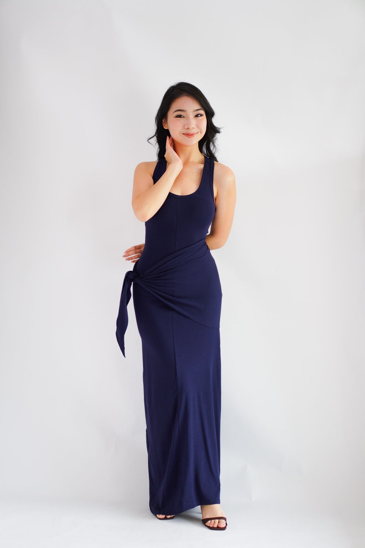 Astrid Halter Neck Bodycon Maxi Dress with Self Tied Scarf in Dark Blue