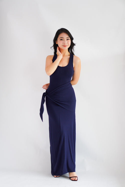 Astrid Halter Neck Bodycon Maxi Dress with Self Tied Scarf in Dark Blue