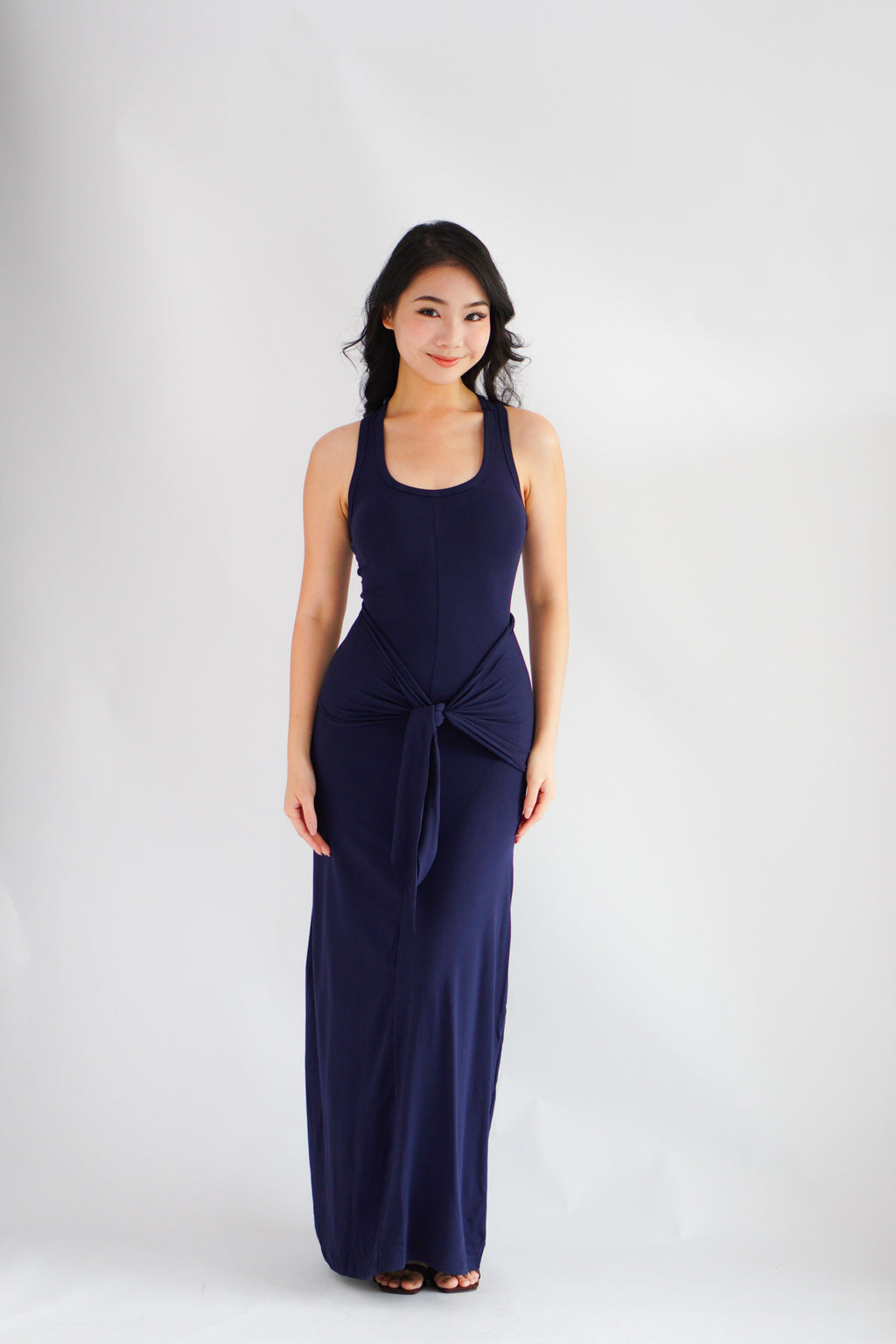 Astrid Halter Neck Bodycon Maxi Dress with Self Tied Scarf in Dark Blue