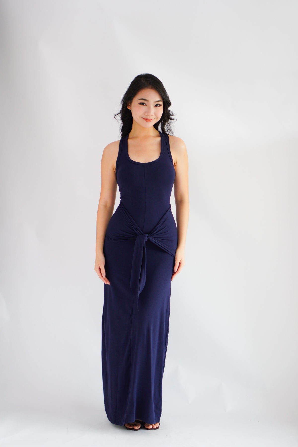 Astrid Halter Neck Bodycon Maxi Dress with Self Tied Scarf in Dark Blue