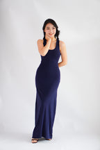 Astrid Halter Neck Bodycon Maxi Dress with Self Tied Scarf in Dark Blue
