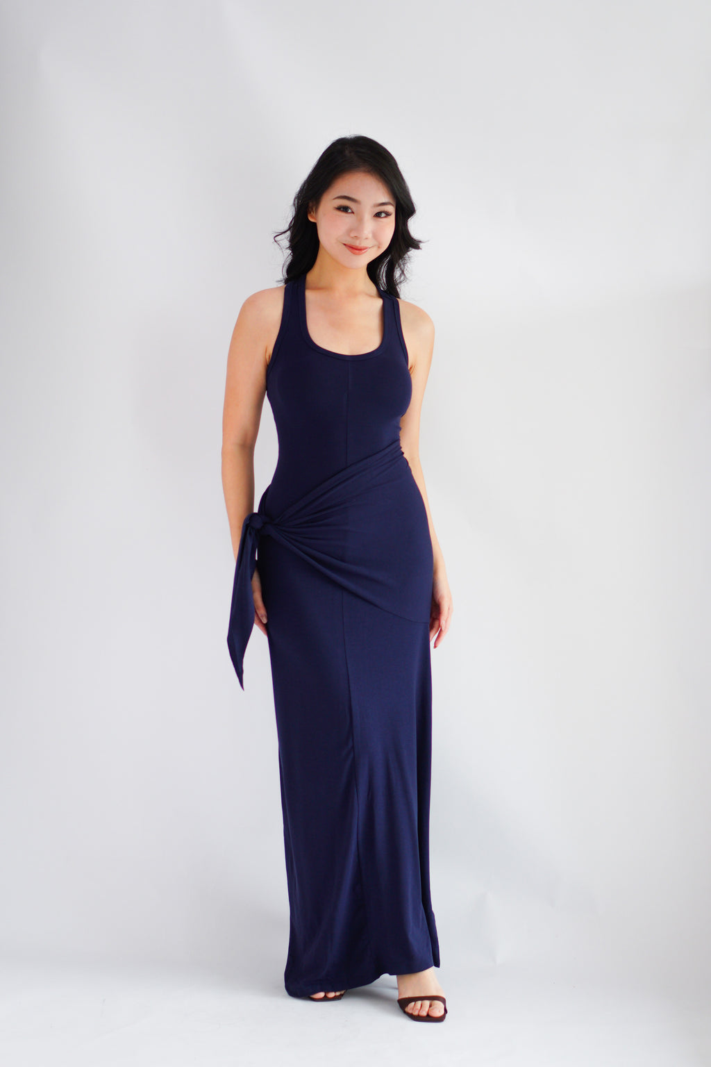 Astrid Halter Neck Bodycon Maxi Dress with Self Tied Scarf in Dark Blue