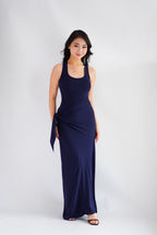 Astrid Halter Neck Bodycon Maxi Dress with Self Tied Scarf in Dark Blue