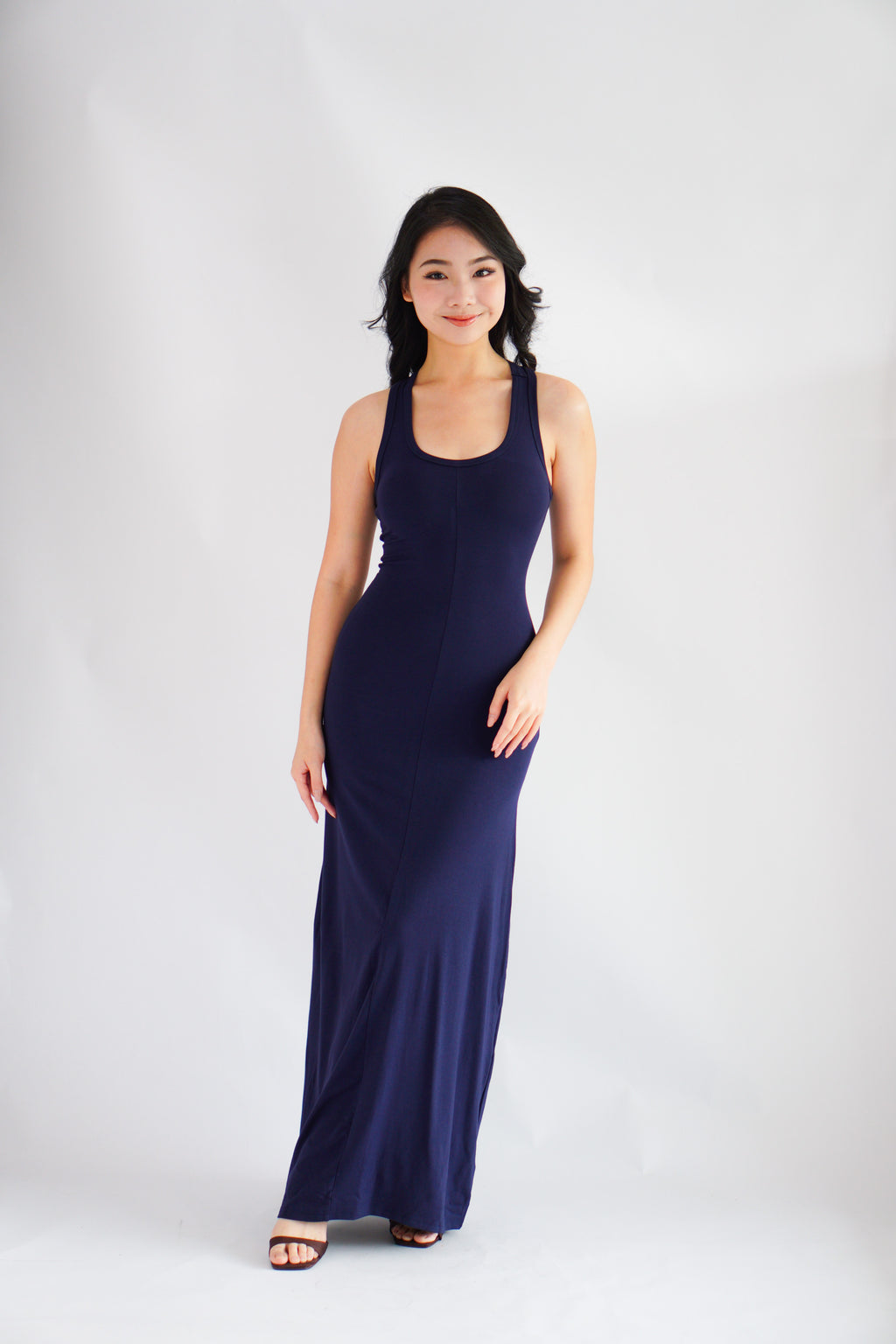 Astrid Halter Neck Bodycon Maxi Dress with Self Tied Scarf in Dark Blue