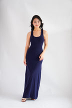 Astrid Halter Neck Bodycon Maxi Dress with Self Tied Scarf in Dark Blue
