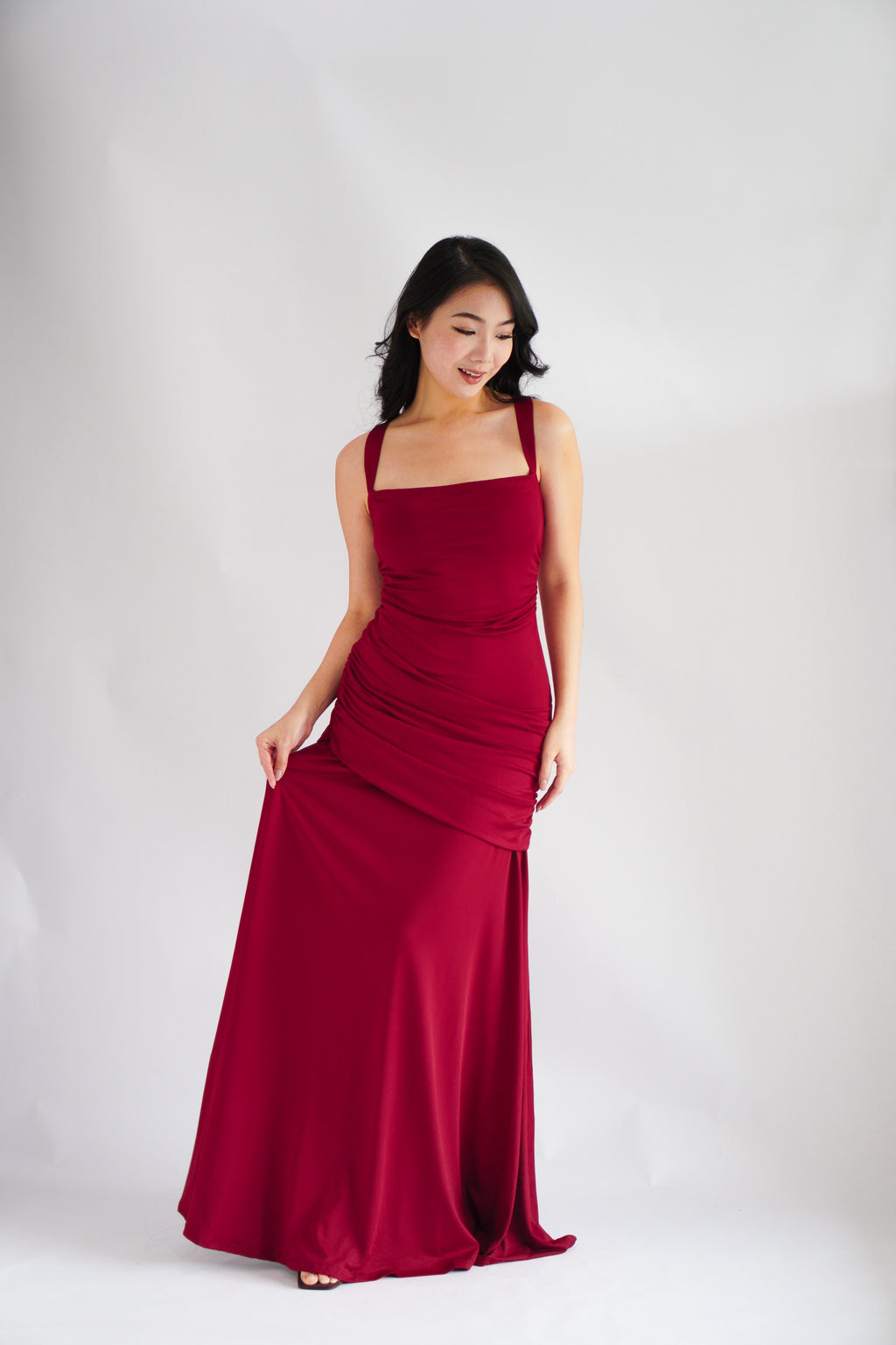 Waverly Ruched Drape Crossback Maxi Dress in Maroon