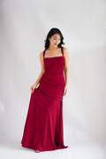 Waverly Ruched Drape Crossback Maxi Dress in Maroon