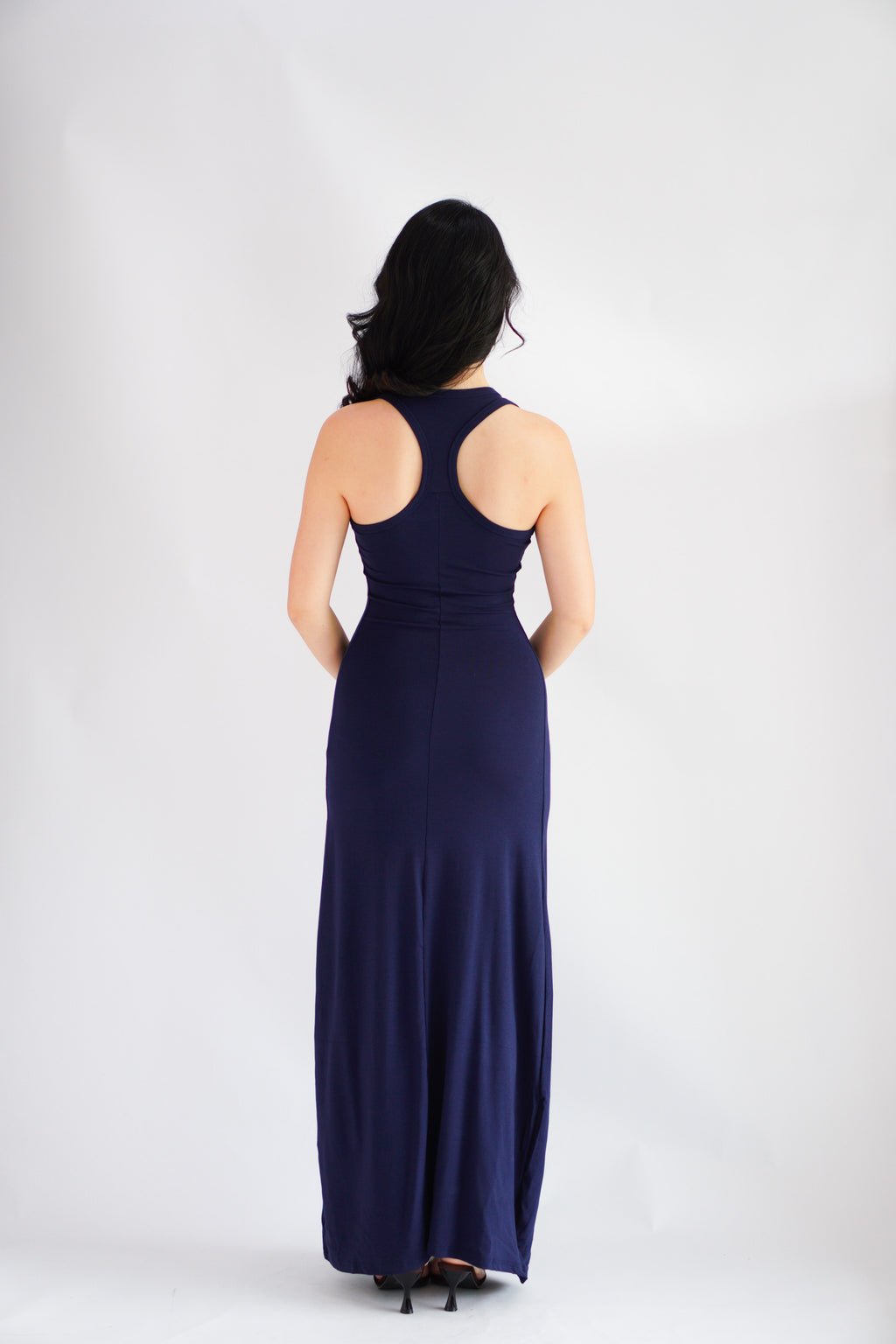 Astrid Halter Neck Bodycon Maxi Dress with Self Tied Scarf in Dark Blue