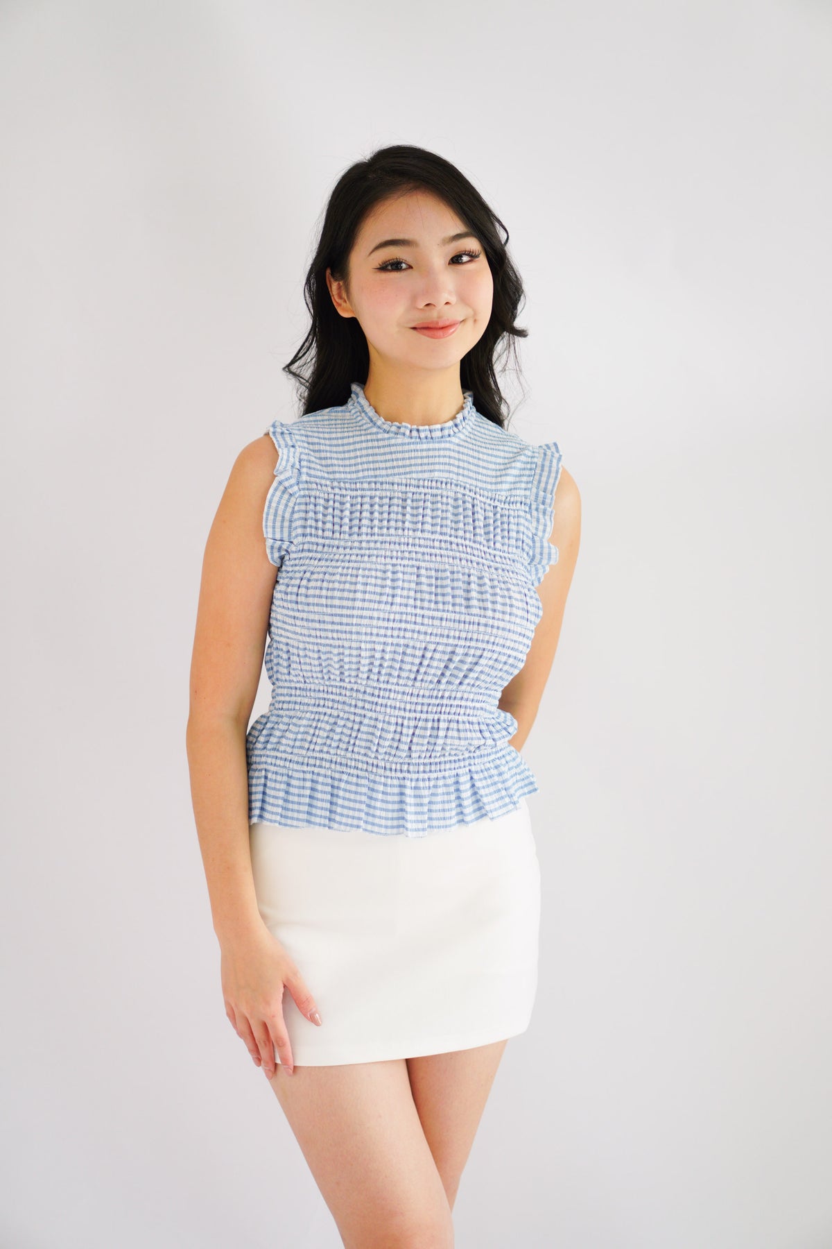 Carcy Gingham Smocked Top in Blue
