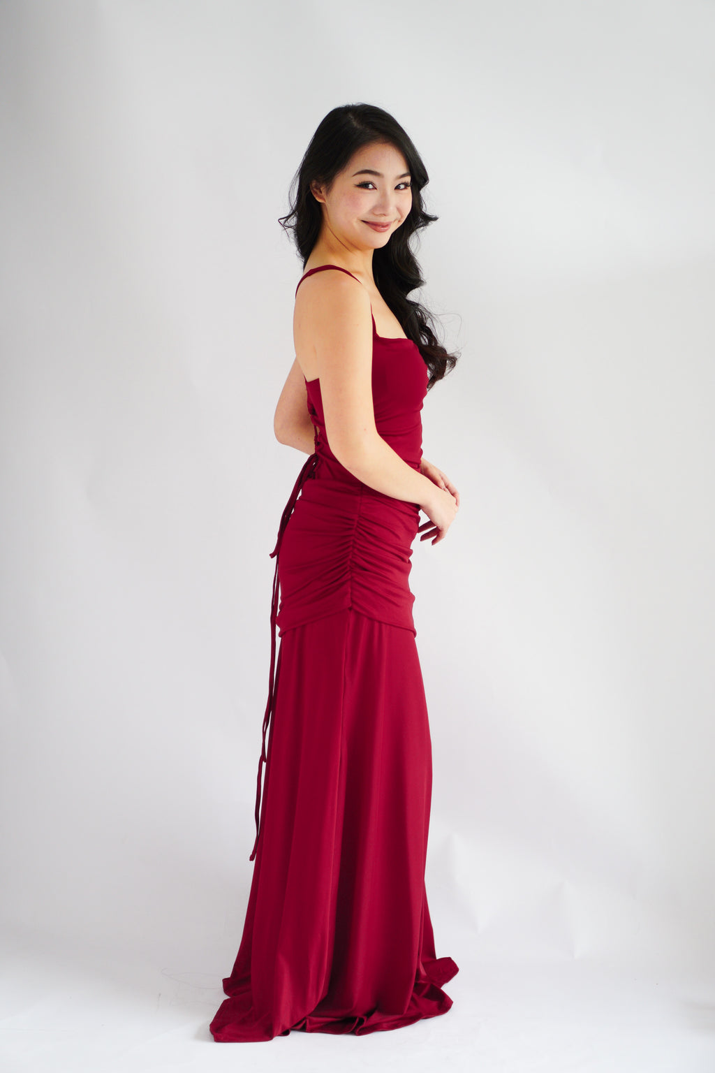 Waverly Ruched Drape Crossback Maxi Dress in Maroon