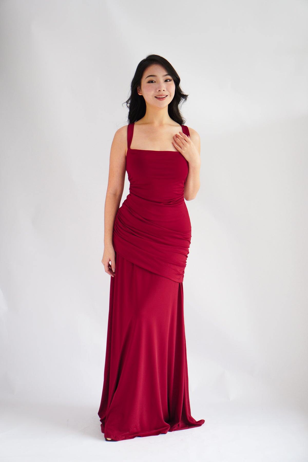 Waverly Ruched Drape Crossback Maxi Dress in Maroon
