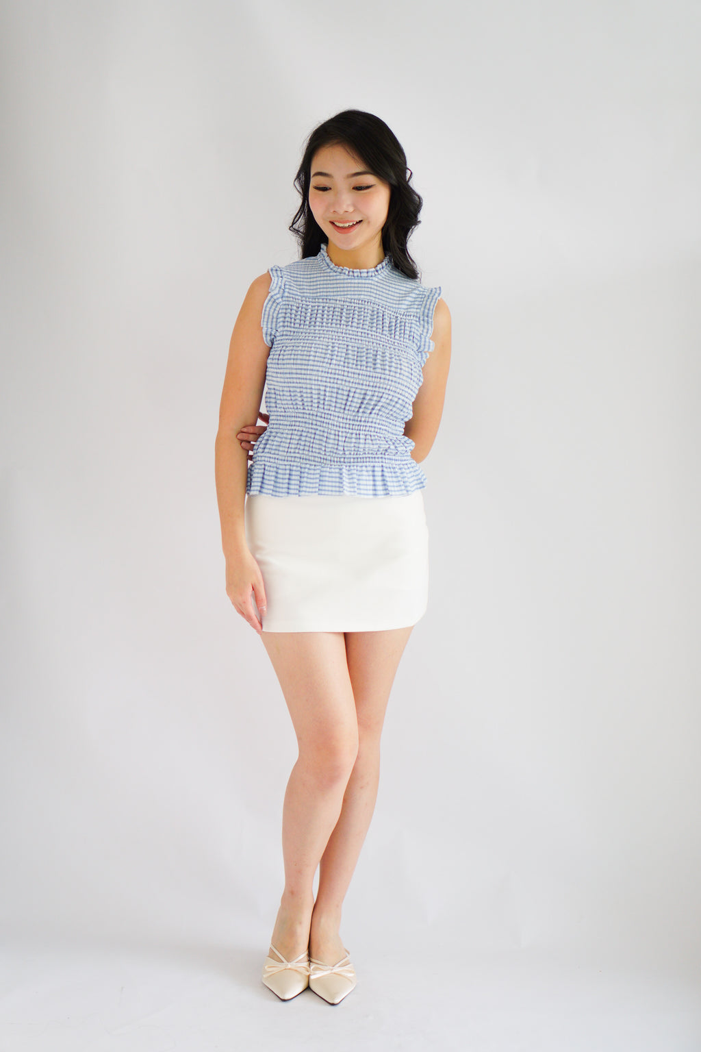 Carcy Gingham Smocked Top in Blue